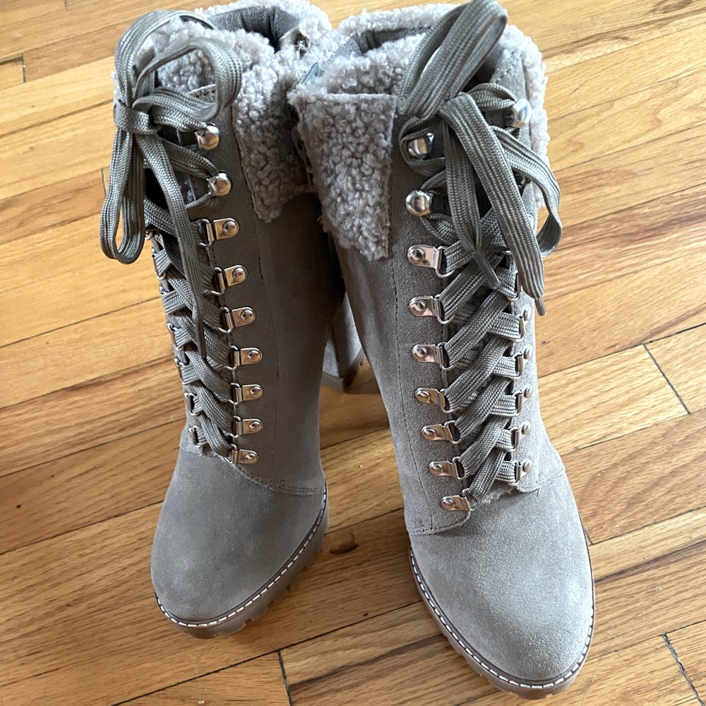 BG lug sole for platform booties. Suede with faux shearling trim. Never worn.